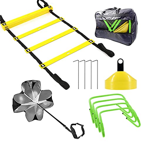 FYGAIN Speed Agility Training Set, Includes Resistance Parachute, Agility Ladder, 4 Steel Stakes, 4 Adjustable Hurdles, 12 Disc Cones with Holder, Speed Training Equipment for Soccer, Football