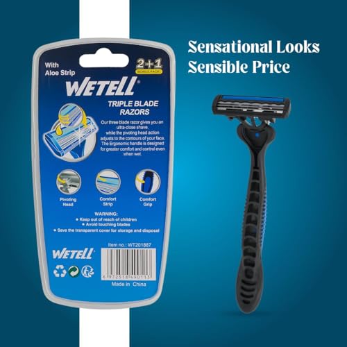Image of WETELL Men's Disposable Razors with Triple Blade & Aloe Strip - 3 Pack | Pivoting Head for Smooth & Comfortable Shaving | Lubricating Strip for Skin Protection | Premium Manual Shavers for Men (WT201887)