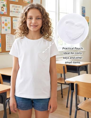Image of Noomelfish Girls Short Sleeve Heart Pocket T-Shirts Casual Cotton Tee Tops Blouse (5-12 Years)