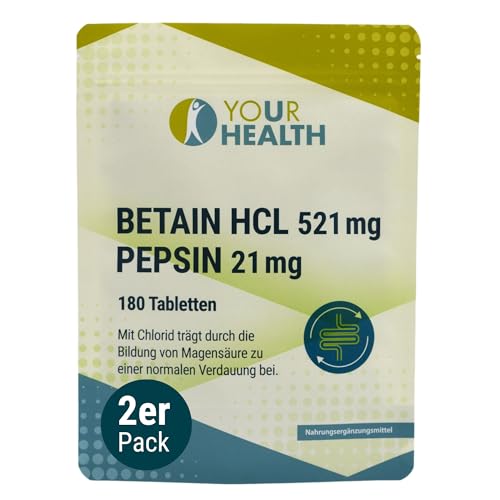 BETAIN HCL 521 mg PEPSIN 21 mg, 360 Tabletten, frei von Farb- oder Konservierungsstoffe (2er Pack)