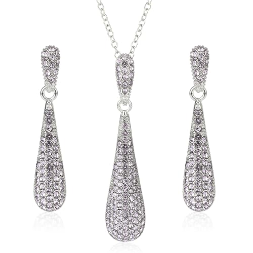 Full Crystal Rhinestone Teardrop Pendant Necklace Earrings Jewelry Sets