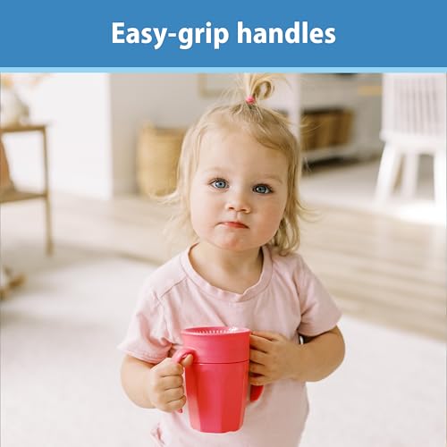 Dr. Brown's Milestones Cheers 360 Spoutless Transition Cup with Handles, Travel Friendly and Leak Free Sippy for Babies and Toddlers, Pink, BPA-Free, 7 oz/200 mL, 6m+