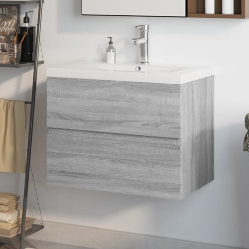 Lavabo de cerámica con mueble de madera gris Sonoma y grifería premium 3