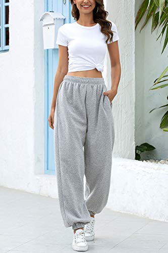 Ru Sweet Women's Active High Waisted Sporty Gym Athletic Fit Jogger Sweatpants Baggy Lounge Pants With Pockets Grey #TOP2