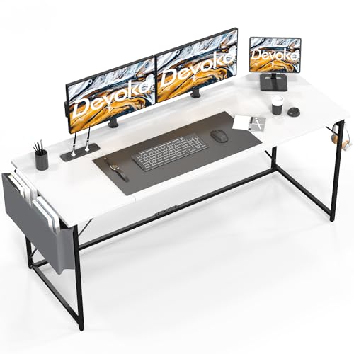 Devoko Desk, Home Office desk with Storage Bag, Study Writing Computer Desks with Hook, Laptop Table for Home Workstations, Industrial Design Black Desk Metal Frame（140 x 50 x 75 White）
