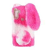 Pink Fluffy Fur Plush Case for Samsung Galaxy A11, Cute Spotted Bunny Furry Girly Cover 3D Animal Fu