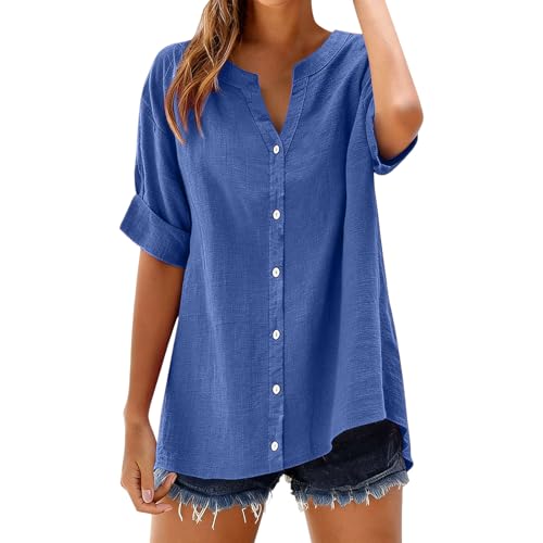 Plus Size Spring Clothes Summer Linen Tops for Women 2026 Loose Fit Boho Button Up Shirts for Women Collared Blouse Linen Tops Womens Clothing Blue X-Large