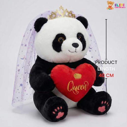 Image of ELITE CREATIONS Queen Panda Soft Toy with Crown & Veil Holding Queen Heart Cushion | 40 cm Cute Panda Teddy Bear | Romantic Gift for Girlfriend Wife Kids | Valentine Birthday