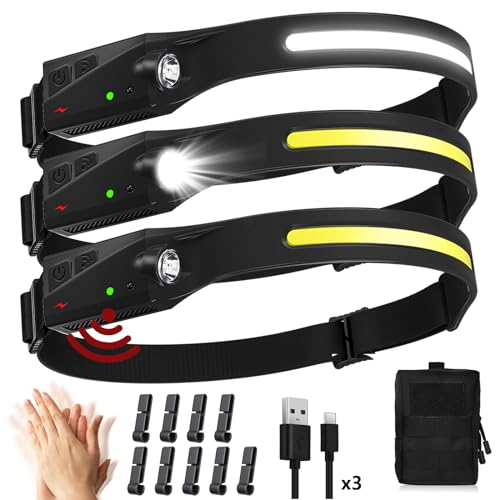 KIDECCE - Headlamp Rechargeable,3 Pack Super Bright 1000 Lumen 5 Modes 1200mAh Lampe Frontale,230°Wide Beam Motion Sensor Head Lamp,0.14lb Lightweight IPX4 Waterproof Headlight for Camping,Running,Hiking