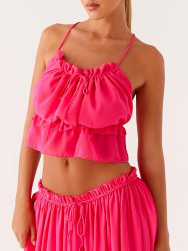 Women Boho Maxi Skirt Set Y2k Halter Backless Cami Top Flowy Ruffle Long Skirt 2 Piece Outfits Beachwear4