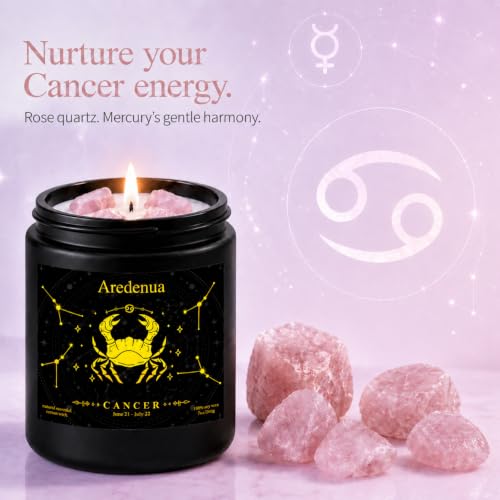 Image of Cancer Zodiac Candles with Pink Opal Crystals, Cashmere Lavender | Astrology Cancer Birthday Gifts for Women Men, Black Gift Box, 7 oz Soy Candle, 50 Hour Burn Time, Black Jar