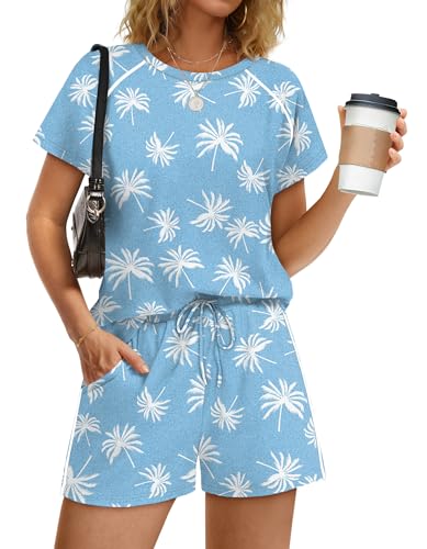 Sampeel Summer Outfits for Womens Sweatsuits 2 Piece Set Matching Short Sets Womens Loungewear Sets Woman Athleisure Set Spring Cruise Outfits Beach Vacation Clothes 2026 Pajama Sets Blue Print L — view 2
