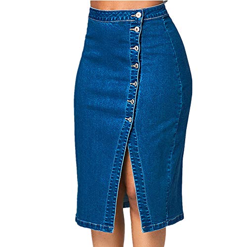 Womens Pencil Skirts Fashion Denim Pencil Skirt High Waisted Jeans Button Slit Wrap Midi Skirts (XXL, Blue)