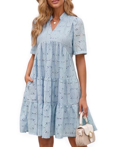 MaQing Eyelet Dress for Women Summer Sundress V Neck Short Sleeve Hollow Out Babydoll Light Blue