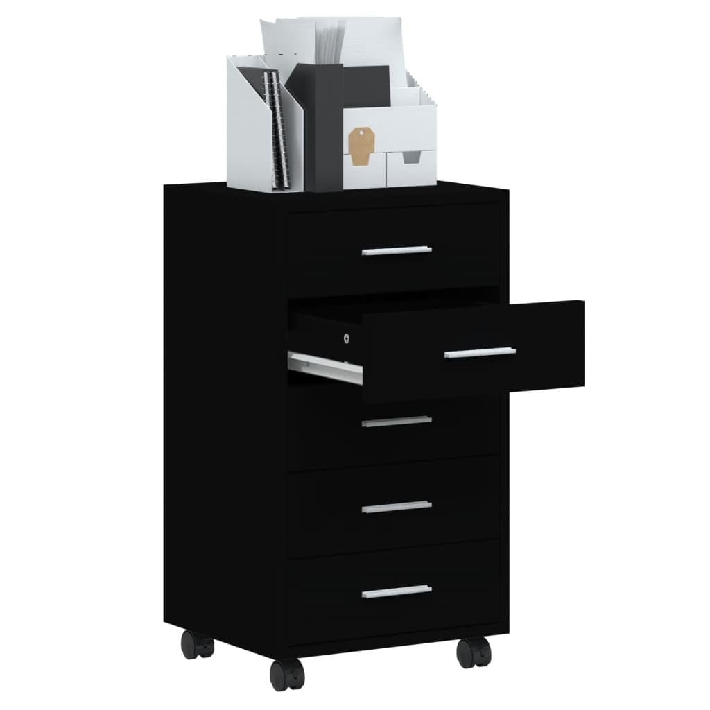 Cassettiera con ruote, in legno nero, 5 cassetti, per ufficio e casa, 33 x 38 x 63 cm