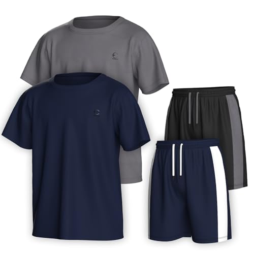 Essenclo Boys Clothing Sets Tagless Loose Athletic Performance Crew Neck T-Shirt and Short Outfits Size 3-16 (4 Piece Set) - Set-3-5-6