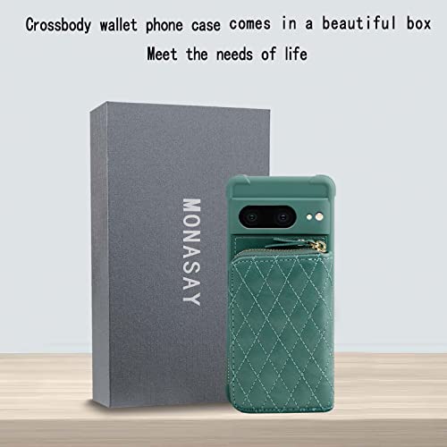 Monasay Zipper Wallet Case For Google Pixel 7,[Glass Screen Protector ][Rfid Blocking] Flip Leather Handbag Phone Cover With Card Holder&Detachable Crossbody Shoulder Lanyard Strap, Light Green #TOP5