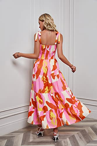 Image of kinstell Women's Summer Boho Spaghetti Strap Square Neck Ruffle Casual Flowy Long Dress Beach Swing Party Maxi Dress