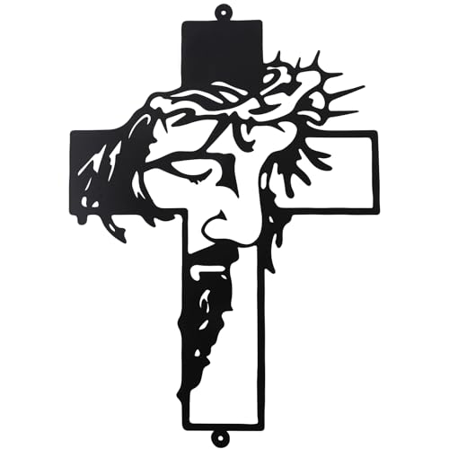 Jesus Face Cross Metal Wall Art, Religious Cross Metal Wall Decor, Black Metal Wall Sculpture for Wall Hanging Wall Decor Home Decor Living Room Bedroom Kitchen Bathroom Indoor Outdoor Decor（19.68