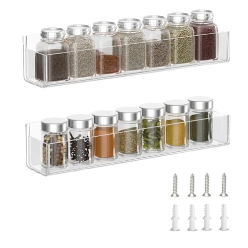 Sunmeit Estante acrílico para especias de montaje en pared, organizador de especias de acrílico, soporte de almacenamiento para tarros de condimentos, estante transparente para cocina