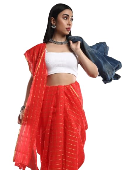 Image of SAREE MALL Women's Pink Chiffon Checkered Printed Saree With Unstitched Blouse (RCFL1207 GIF)
