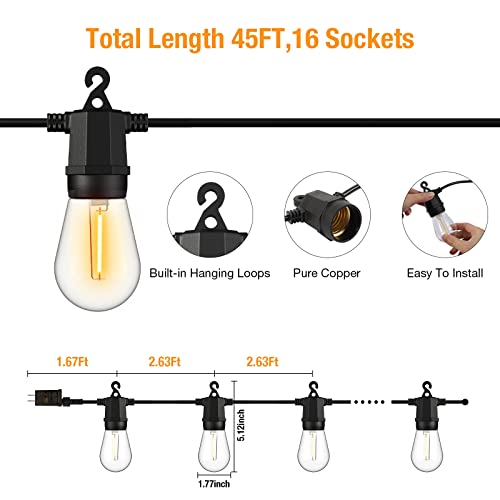 Outdoor String Lights 45Ft, Patio Lights With 16 Edison Vintage Shatterproof Bulbs Dimmable With Remotes, Outdoor Lights For Patio Backyard Porch Outside #TOP4