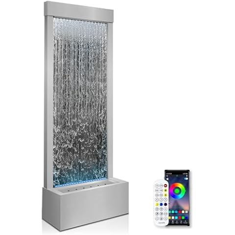 LONGRUN 48" Mirror Waterfall | Indoor Water Fountain with 7-Color LED Lights | Stainless Steel Self-Contained Waterfall Fountain for Home Decor | Large Indoor Water Feature Kit Mirrored Silver Cover