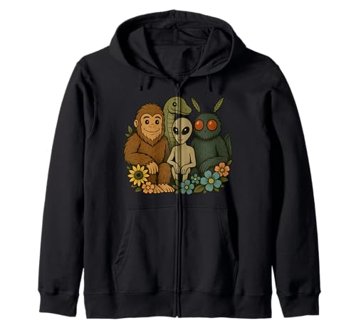 Funny Cryptid Bigfoot Loch Ness Monster Mothman And Aliens Zip Hoodie