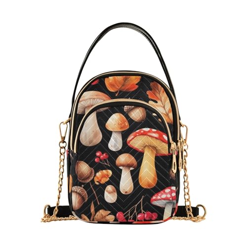 Single Shoulder Handbags Printed Chain Strap Wallet Phone Purse Quilted Zipper Crossbody Bowler Bag Watercolor Autumn Mushrooms Black