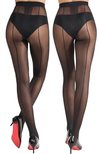 MERYLURE Backseam T-Crotch Black Tights for Women 20D Sheer To Waist Pantyhose Patterned Cuban Heel Stockings 2 Pairs