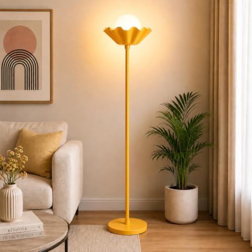 Image of Metal Shade Wooden Tripod Floor Lamp for Living Room, Living Room Corner, Bedroom, Home, Office, Interiors, Decor, Cinema. (Yellow with Ball)
