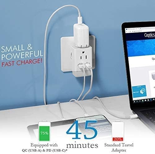 Ceptics European Plug Adapter, International Power Plug with USB & USB-C - 2 USA Socket, QC 3.0 & PD -Type C Outlet Adaptor Charger for Spain France Germany Greece Turkey Portugal, Fast Charging