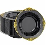 Nervure 50PCS Black Plastic Bowls with Gold Rim - 12oz Disposable Soup Bowls, Heavy Duty Salad Ice Cream Bowl Perfect For Weddings, Parties and Halloween