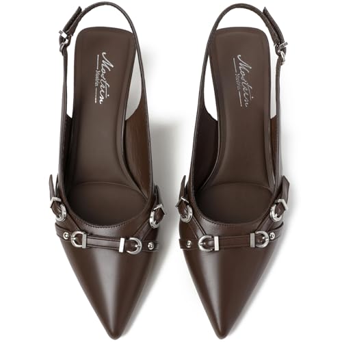 Image of Mostrin Kitten Heels for Women Pointed Toe Pumps Patent Leather Low Heel Slingback Heels with Buckle Dress Shoes for Dating Party Working