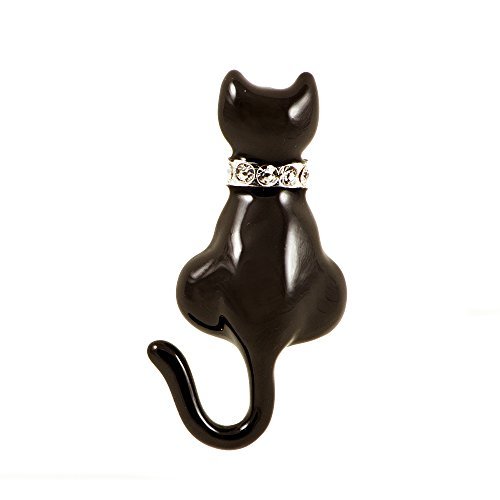 Broche chat noir émail et strass argenté pour veste et sac à main