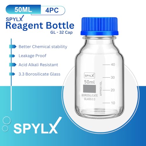 Image of Borosilicate Glass reagent bottle 50ml with leak proof Blue Screw Cap pack of 4 for glassware wide mouth chemical bottles for lab, laboratory, kitchen and professional use