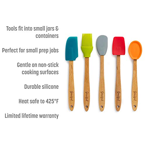 Goodful Silicone And Beechwood Mini Kitchen Utensil Set, Great For Cooking, Baking Or Reaching Into Small Jars, Easy To Clean, Safe For Non-Stick Cookware, 3 Spatulas, Spoon, Basting Brush, Multicolor #TOP1