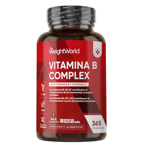 Vitamina B Complex con Vitamina C y B12-365 Comprimidos Veganos Para 1 Año - Complejo B Completo con B1, B2, B3, B5, B6, B7 (Biotina), B9 (Ácido Fólico) y B12