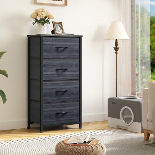 DWVO 4 Drawers Dresser, Dresser for Bedroom, Fabric Storage Tower, Chest of Drawers, Organizer Unit for Closets, Living Room, Sturdy Steel Frame, Wooden Top, Easy Pull Fabric Bins
