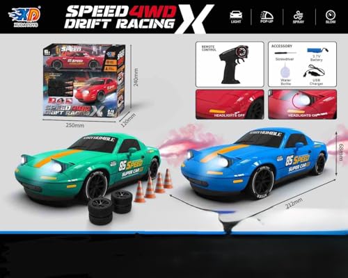 Image of ROYAL CELLAR RC Drift Car 1:24 Scale 4WD | 20KM /H High-Speed Remote Control Car with LED Lights | 2.4GHz Rechargeable Drift Racing Car with Extra Tires & Cones | Birthday Gift Boys & Girls (Red /Green)