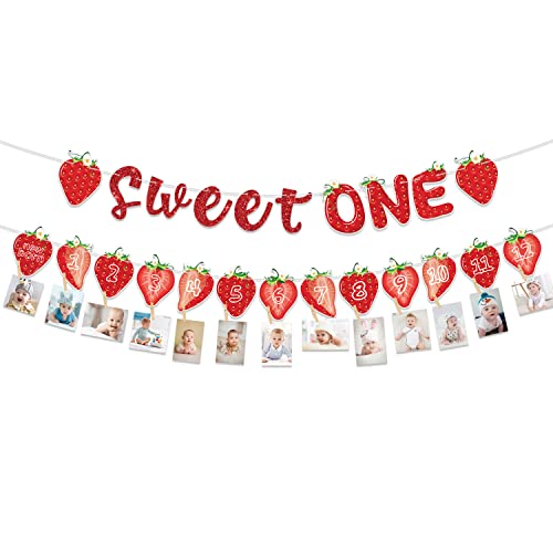 Decoraciones de primer cumpleaños de fresa, incluye pancarta de Sweet One, pancarta mensual de fresa, decoraciones de fresa dulce para niñas, suministros de fiesta de primer cumpleaños