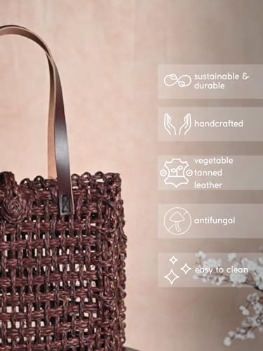 Image of KADAM HAAT Handmade Sabai Grass Lunch Bag | Dry Grass Bag for Lunch and Bottle | Tiffin Box Bag for School or Office with Leather Handle (Brown)