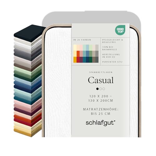 schlafgut Casual Spannbettlaken 100% Bio Baumwolle Made in Green by Oeko TEX (120x200cm bis 130x200cm Matratzenhöhe bis 25cm, Full-White)