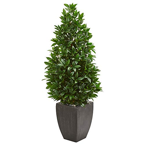 Nearly Natural 56in. Bay Leaf Cone Topiary Artificial Tree UV Resistant in Black Planter...