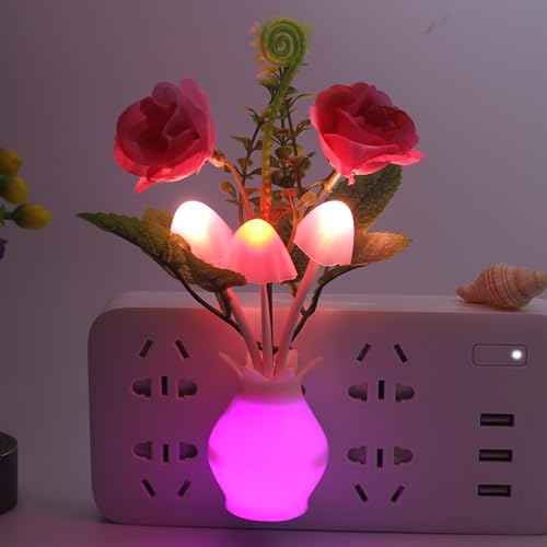 Romantic Rose Flower Night Light, Plug-in LED Mushroom Lamp with Light Sensor, Color Changing Decorative Lamp for Bedroom, Nursery, Valentine’s Day Gift, Energy Saving — view 4
