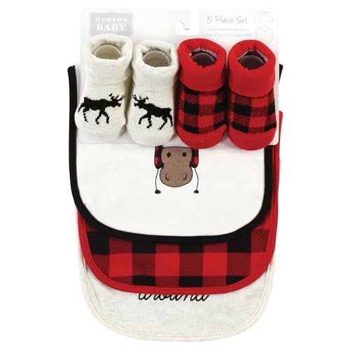 Image of Hudson Baby Unisex Baby Cotton Bib and Sock Set, Winter Moose, One Size