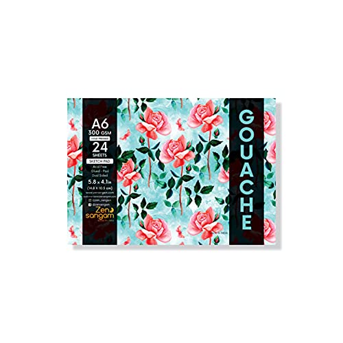 Zen Sangam Express your Mind Artists - A6 Gouache Glued Sketch Paper Pad -Rough Grain Surface, 300 GSM , Cold Pressed -(24 Sheets, Size 10.5x14.8cm)