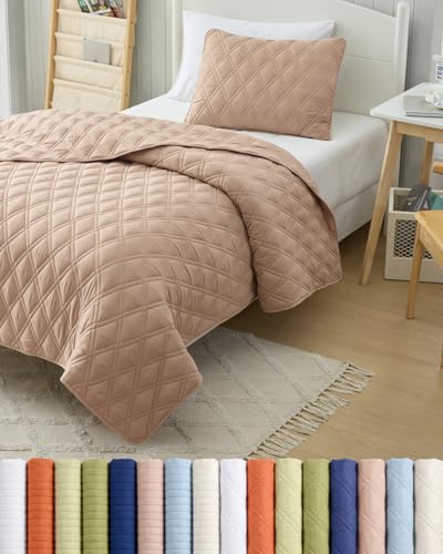 Quilt Set Twin Size - Boho Bed Set, Diamond Stitch - Light Brown, 68" x 86"