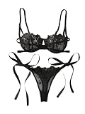 Verdusa Women's 2 Piece Floral Lace Bow Lingerie Set Push Up Bra with Thong