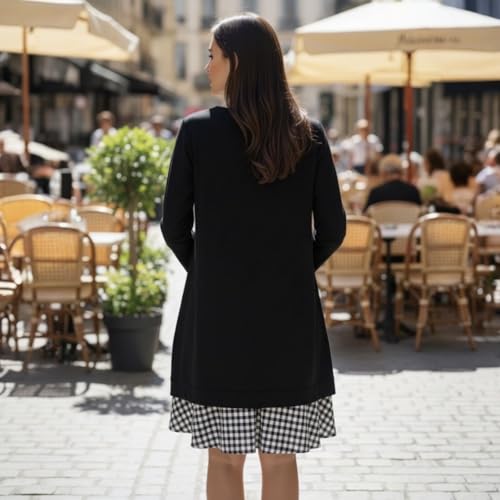 Image of Women Single Piece Long Sleeve Midi Dress with Round Neck Solid Black Body and Checked Hem Panel Boutique Limited One of One Handmade Exclusive Wear Style